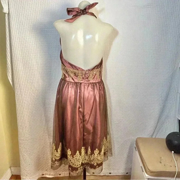 Women 8 Sexy Goth Witchy Formal Adrianna Papell Mesh Overlay Halter Dress Salmon - Picture 2 of 16